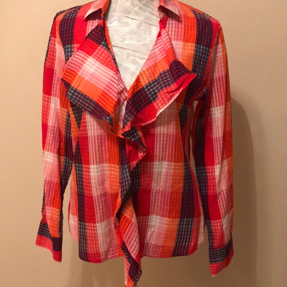 NWT Paperwhite Plaid Orange Ruffled Blouse 10